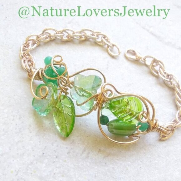 Whimsical Spring Bracelet - Green Leaves Butterflies Flowers! Uniquely Handmade - Picture 2 of 11